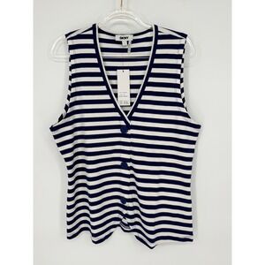 DKNY Womens Navy White Striped Ribbed Button Front Sleeveless Top Vest  L